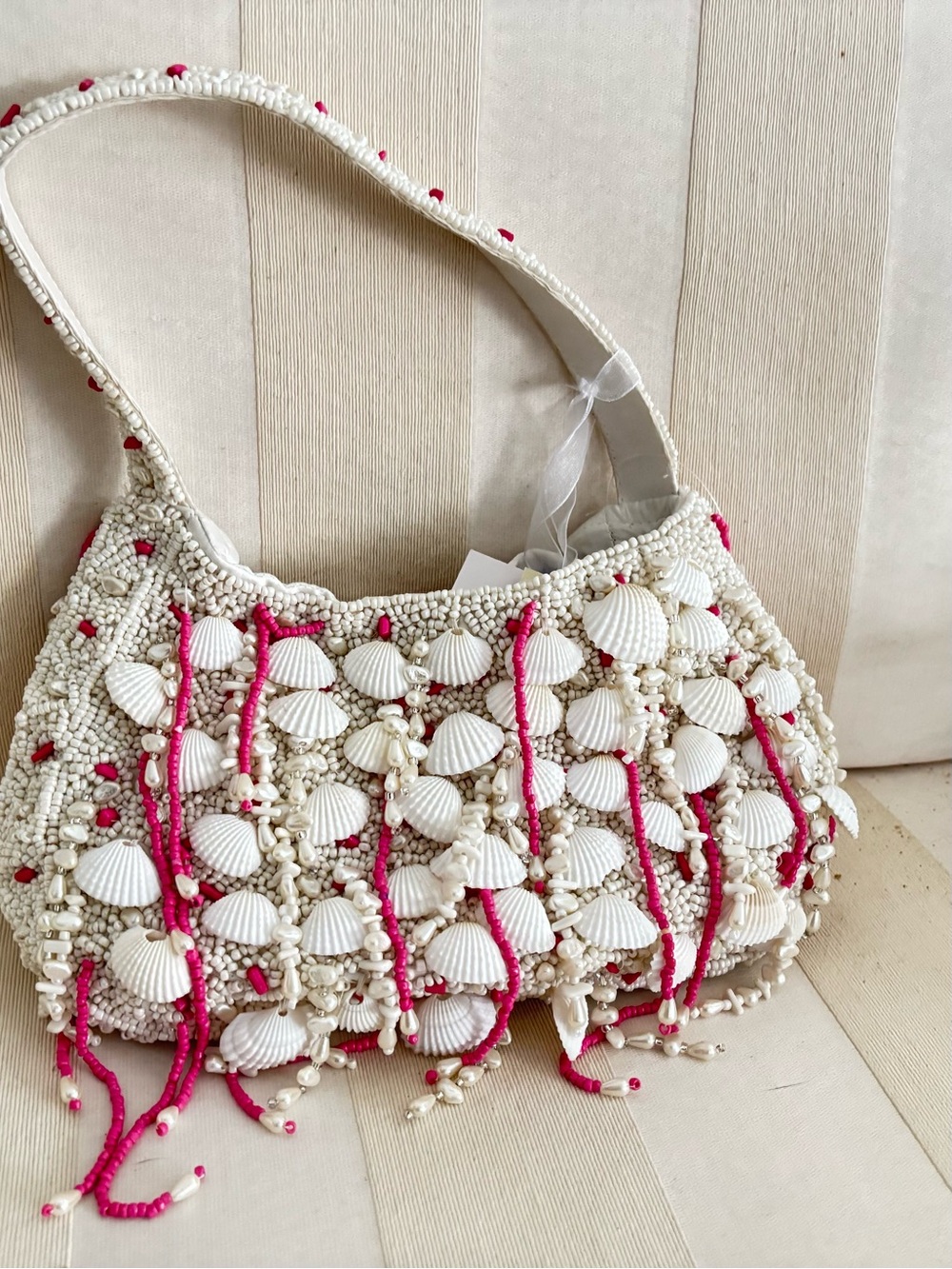 White and Hot Pink Beaded Seashell Shoulder Bag